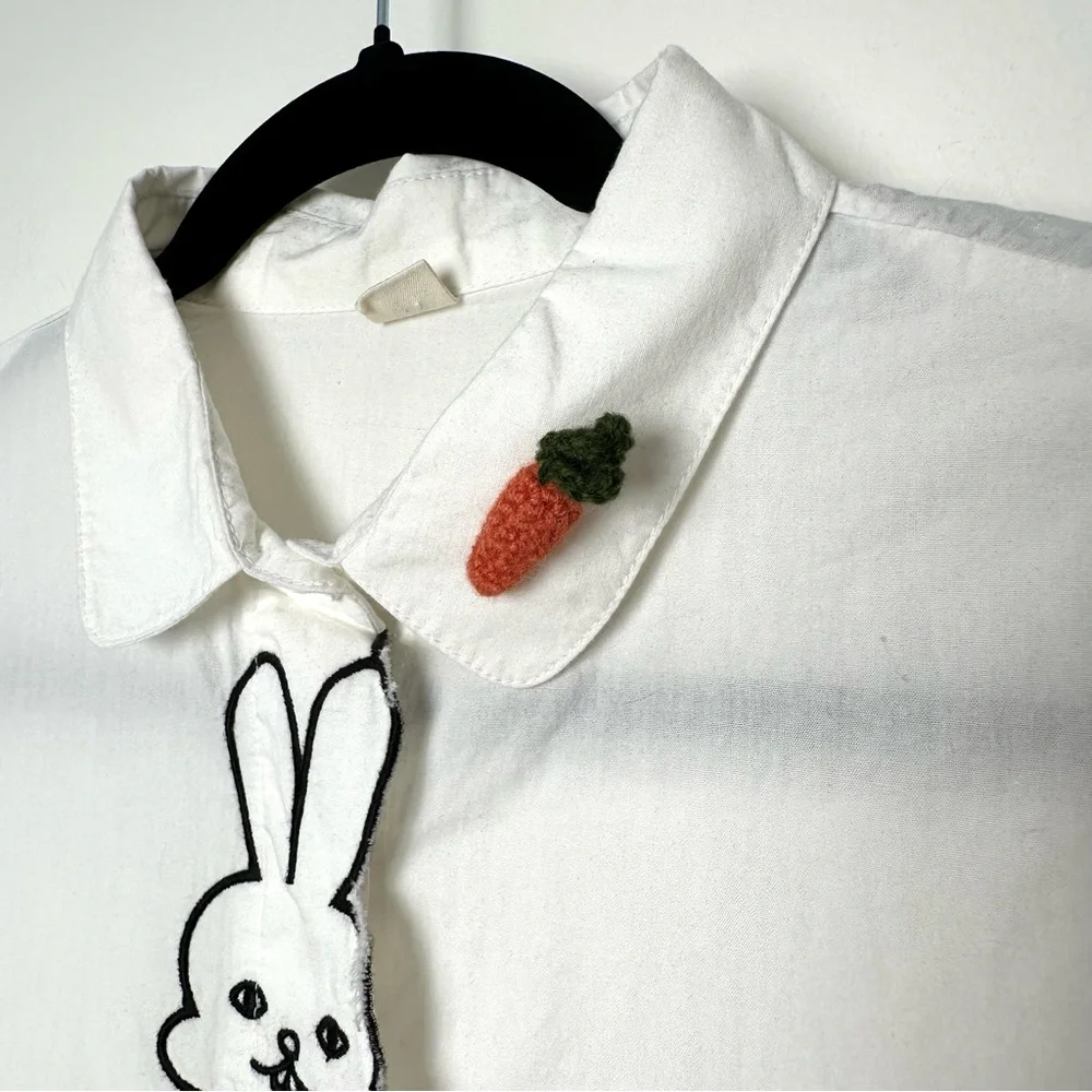 Kitschy Embroidered Rabbit with Crochet Carrot Dopamine Dressing Kawaii Blouse - Picture 4 of 9